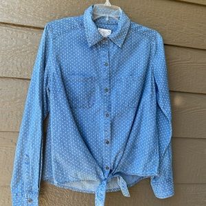 Style & Co Roll Sleeve Tie Front Shirt in Chambray spot print